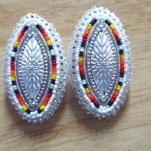 Hand beaded silver horse eye fire colors fingernail post earrings 3 inch long